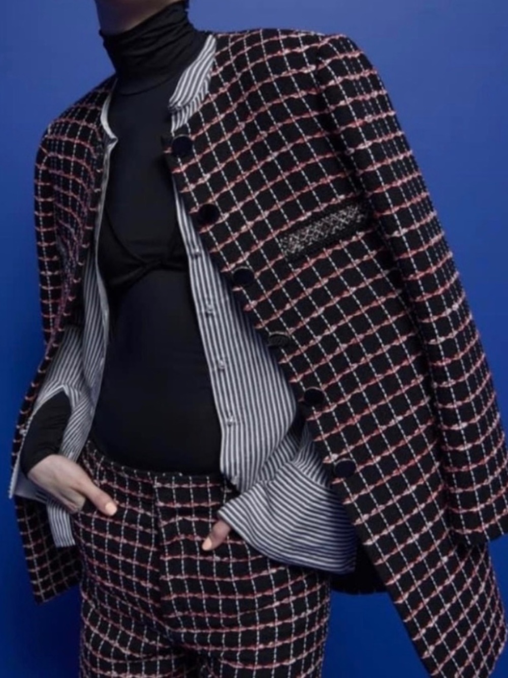 St. John Collection Black Red White Windowpane Tweed Long Jacket Blazer